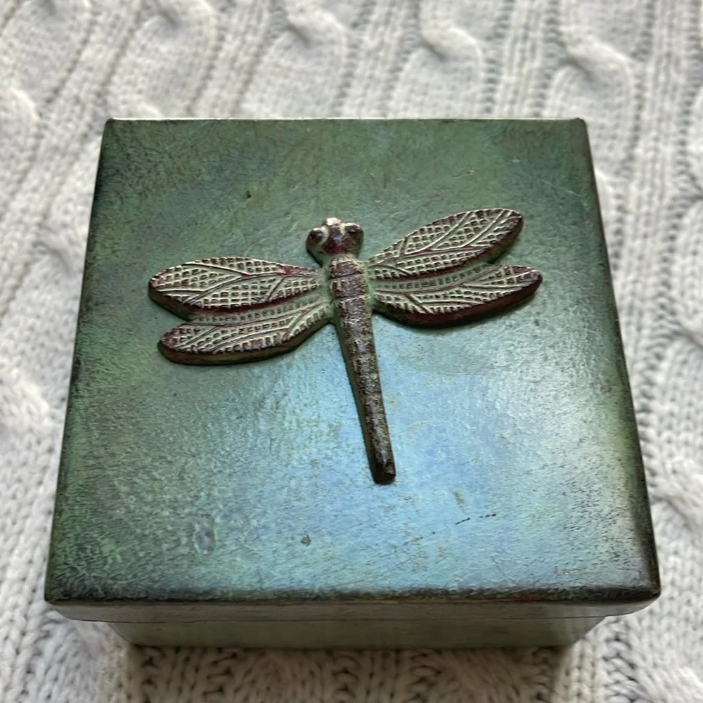 Metal dragonfly trinket box with lid 3.5” square 2” tall. Green painted finish